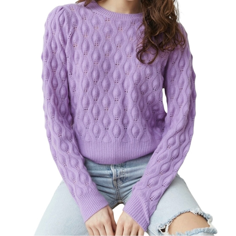 Autumn Cashmere 100% Cashmere Cable Pointelle Knit Crew Neck Pullover Sweater